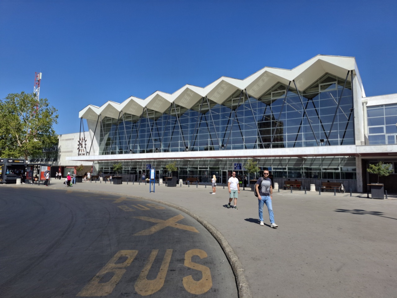 The Novi Sad railway station building with its zigzag roof and glass front
